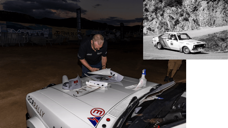 Collage of 2 images, both featuring rally cars